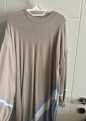 Bej Uzun Kollu Salaş Triko Elbise - Görsel 3