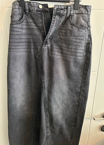 Gri Rahat Kesim Midi Kadın Kot Etek - Görsel 2