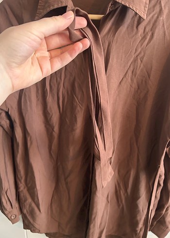 Düğmeli Kahverengi Keten Kadın Gömlek - Görsel 2