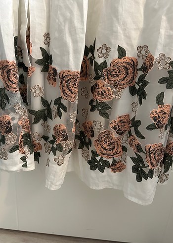 Nakışlı Beyaz Uzun Keten Elbise - Görsel 3