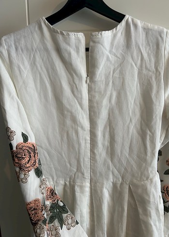Nakışlı Beyaz Uzun Keten Elbise - Görsel 5
