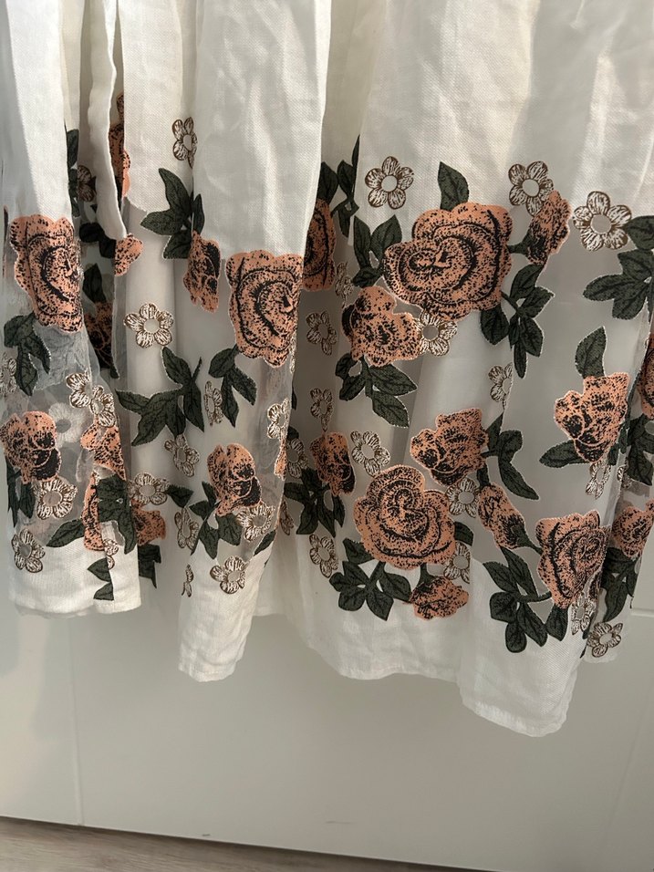 Nakışlı Beyaz Uzun Keten Elbise - Görsel 3