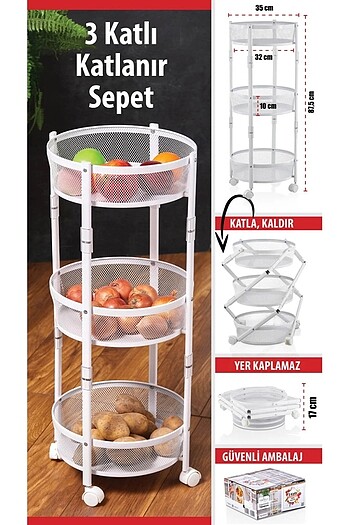 3 Katlı Metal Katlanır Patates soğanlık