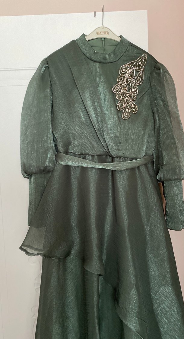 Yeşil Nakışlı Uzun Vintage Kadın Elbise - Görsel 4