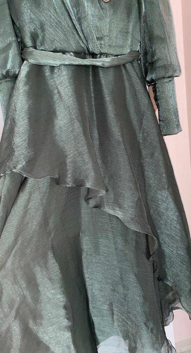 Yeşil Nakışlı Uzun Vintage Kadın Elbise - Görsel 2