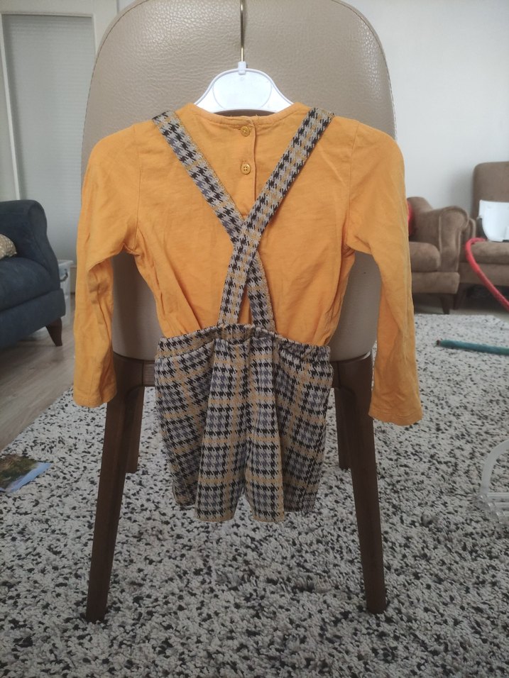 Kız Çocuk Kareli Askılı Şort Tulum ve Bluz takım - Görsel 2