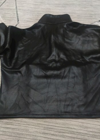 Gri Kollu Siyah Mini Deri Ceket - Görsel 7