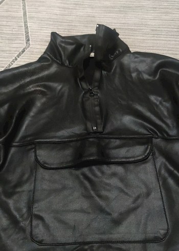 Gri Kollu Siyah Mini Deri Ceket - Görsel 2