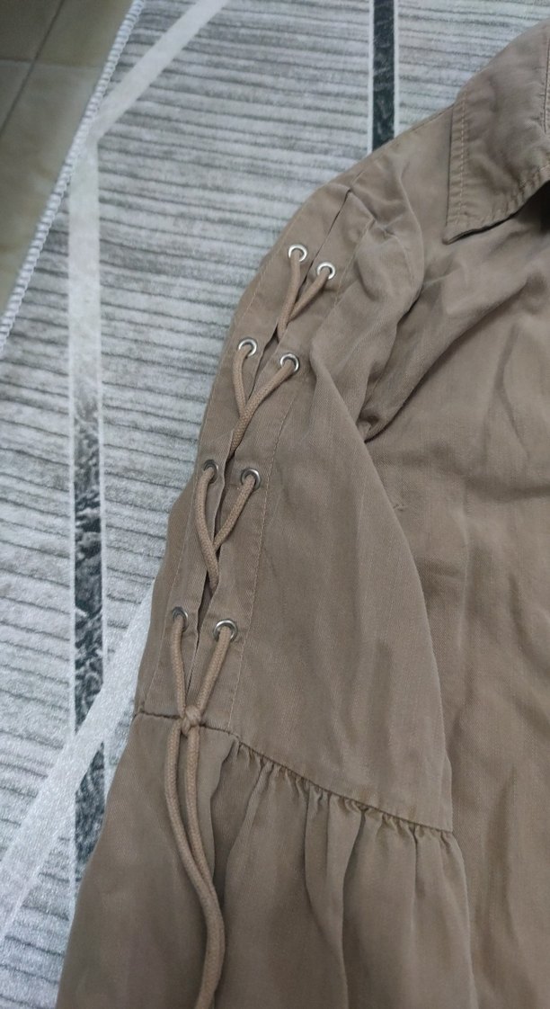 Bej Uzun Kollu Kadın Keten Gömlek - Görsel 3