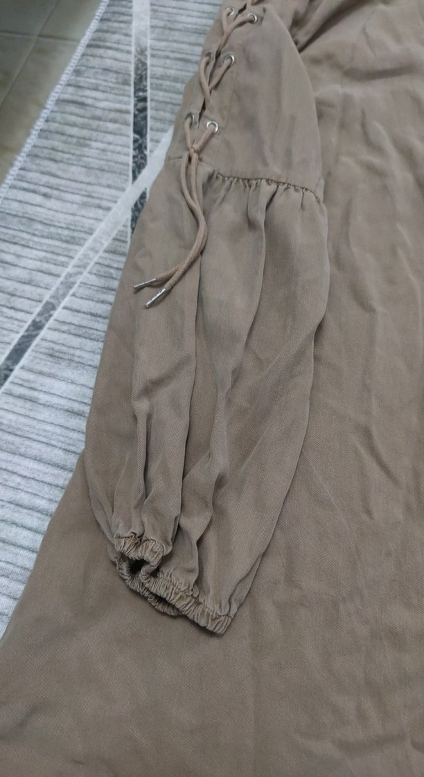 Bej Uzun Kollu Kadın Keten Gömlek - Görsel 4