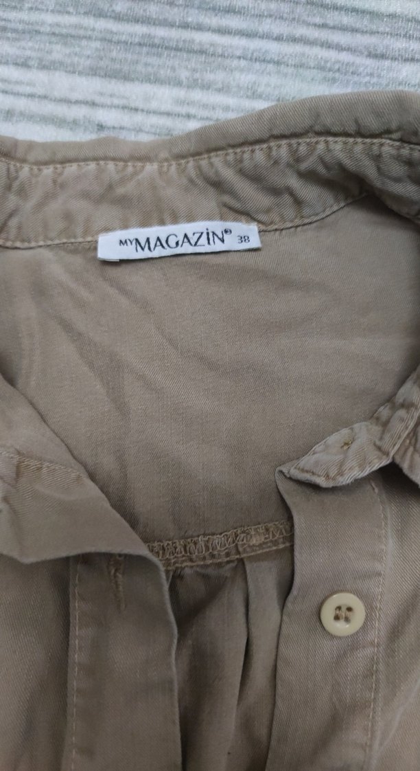 Bej Uzun Kollu Kadın Keten Gömlek - Görsel 5