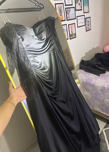 Dantel Kollu Siyah Straplez Uzun Elbise - Görsel 6