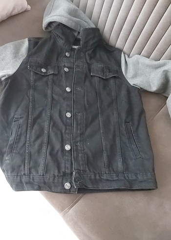 13-14 Yaş Beden Erkek Çocuk Gri siyah Denim Ceket Kapüşonlu