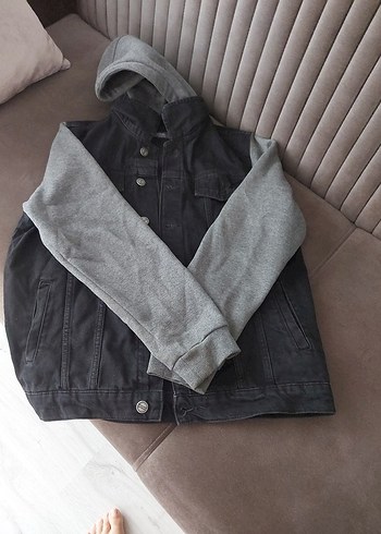 LC Waikiki Erkek Çocuk Gri siyah Denim Ceket Kapüşonlu