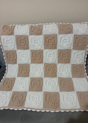 Bej Kareli Örgü Çocuk Battaniyesi - Görsel 5