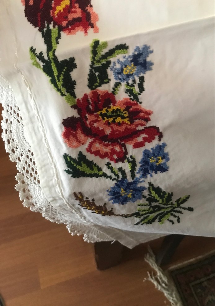 Kanaviçe tek parça karyola eteği ve bir adet yastık - Görsel 4