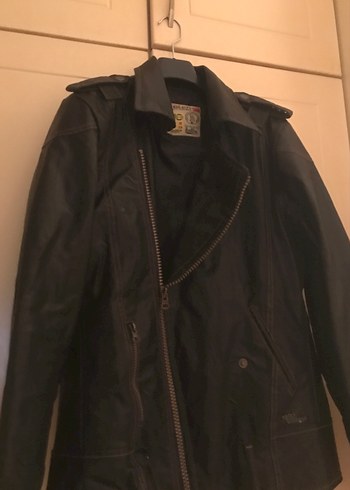 Siyah Deri Biker Ceket, Kemerli, Uzun Kollu - Görsel 3