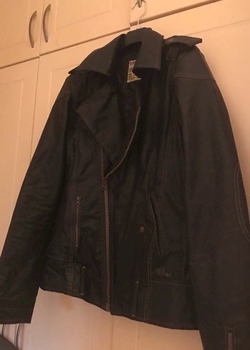 Siyah Deri Biker Ceket, Kemerli, Uzun Kollu - Görsel 7