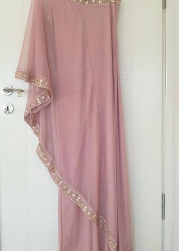 Pudra Pembe Nakışlı Uzun Abiye Elbise - Görsel 6