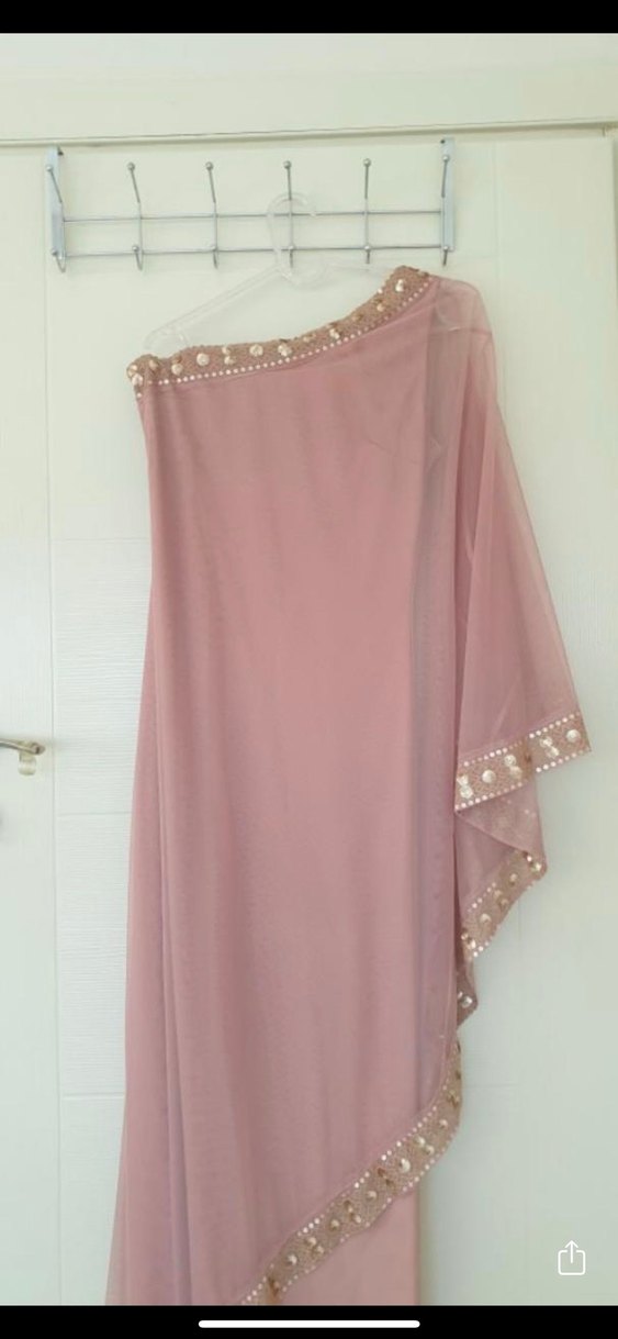 Pudra Pembe Nakışlı Uzun Abiye Elbise - Görsel 5