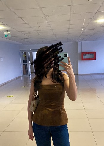 Zara Kahverengi kadife Straplez Bustier - Görsel 2