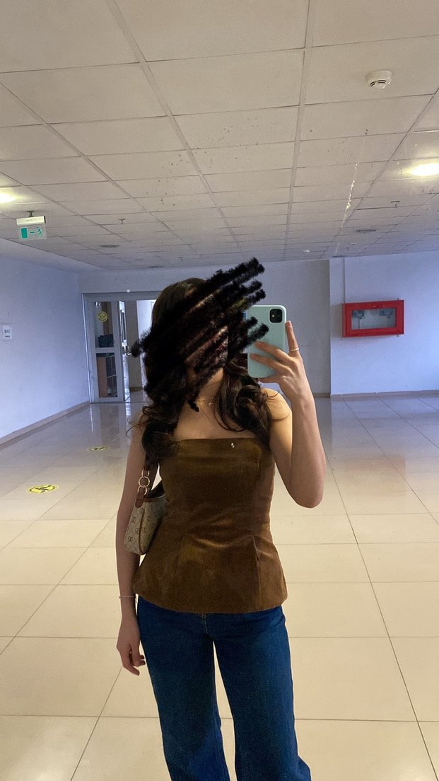 Zara Kahverengi kadife Straplez Bustier - Görsel 2