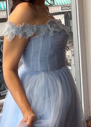 Straplez Nakışlı Mavi Uzun Abiye Elbise - Görsel 4