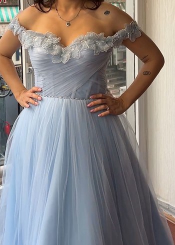 Straplez Nakışlı Mavi Uzun Abiye Elbise - Görsel 3