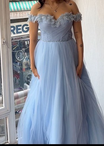 Straplez Nakışlı Mavi Uzun Abiye Elbise - Görsel 2