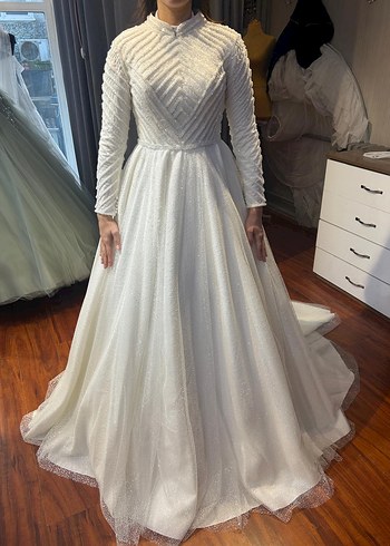 Uzun Kollu Yüksek Yakalı Prenses Gelinlik - Görsel 7