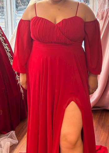 Kırmızı Straplez Uzun Abiye Elbise - Görsel 5