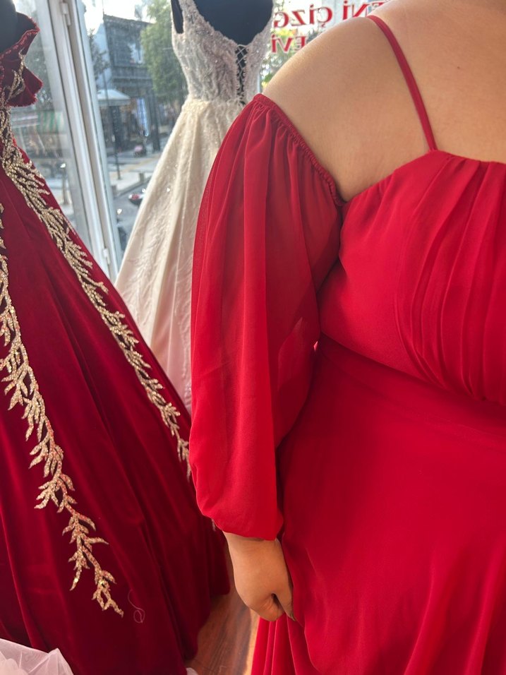 Kırmızı Straplez Uzun Abiye Elbise - Görsel 3