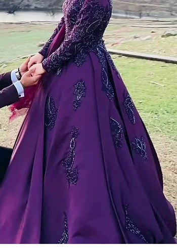 Mor Nakışlı Uzun Kollu Uzun Abiye Elbise - Görsel 5