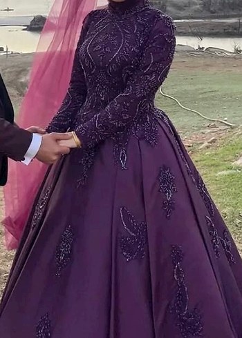 Mor Nakışlı Uzun Kollu Uzun Abiye Elbise - Görsel 2