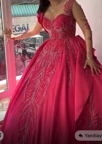 Fuşya pembe İşlemeli Uzun Kollu Abiye Elbise - Görsel 2