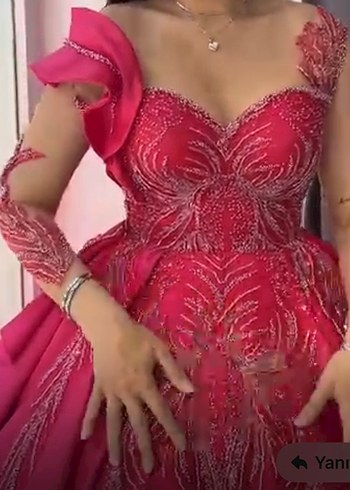 Fuşya pembe İşlemeli Uzun Kollu Abiye Elbise - Görsel 4