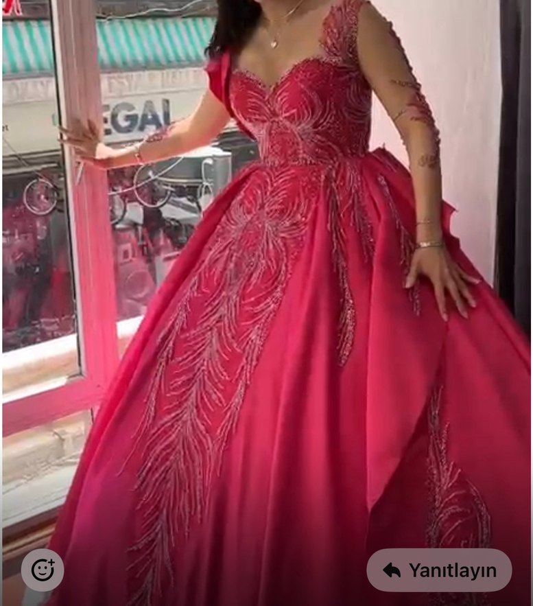 Fuşya pembe İşlemeli Uzun Kollu Abiye Elbise - Görsel 2