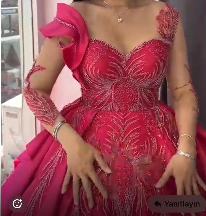 Fuşya pembe İşlemeli Uzun Kollu Abiye Elbise - Görsel 3