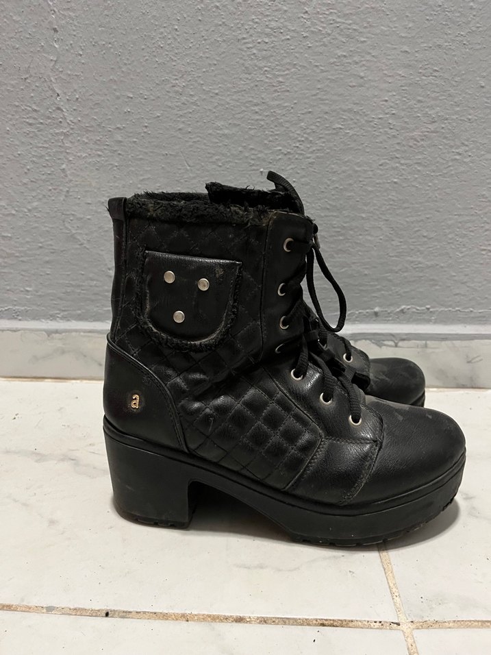 Siyah Kareli Deri Topuklu Bot - Görsel 2