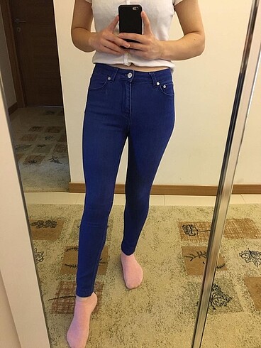 xs Beden stradi lacivert yüksek bel jean