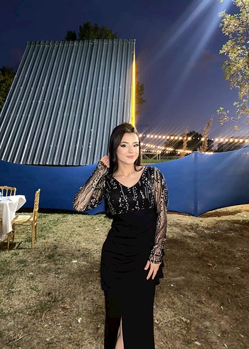 Uzun Siyah V Yakalı Gotik Abiye Elbise