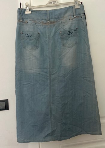 44 Beden mavi Renk Kadın Gri Midi Denim Etek, Kemerli, Bol Kesim