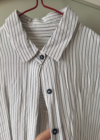 Çizgili Beyaz Keten Kadın Gömlek - Görsel 2