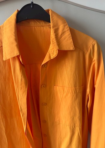 Turuncu Düğmeli Keten Kadın Gömlek - Görsel 2