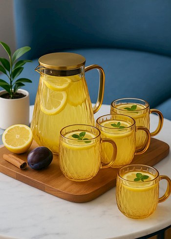 Sarı Cam Sürahi ve 4 Bardak Seti
