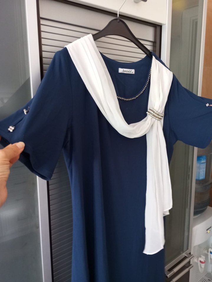 Drapeli Uzun Mavi Kadın Abiye Elbise - Görsel 2