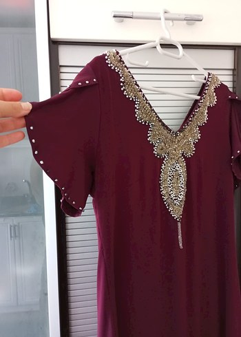 İşlemeli Boncuk Detaylı Bordo abiye  Elbise - Görsel 6