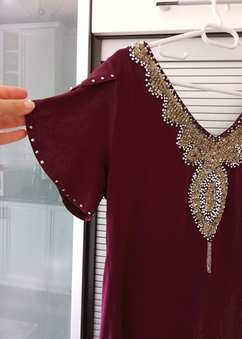 İşlemeli Boncuk Detaylı Bordo abiye  Elbise - Görsel 5