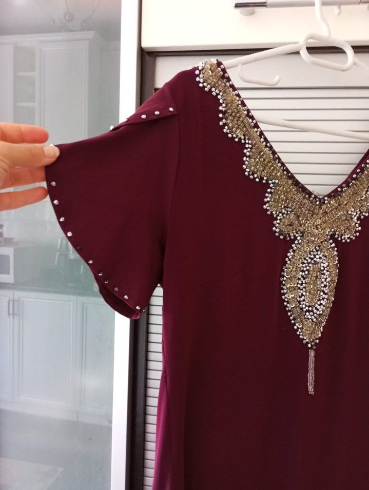 İşlemeli Boncuk Detaylı Bordo abiye  Elbise - Görsel 5