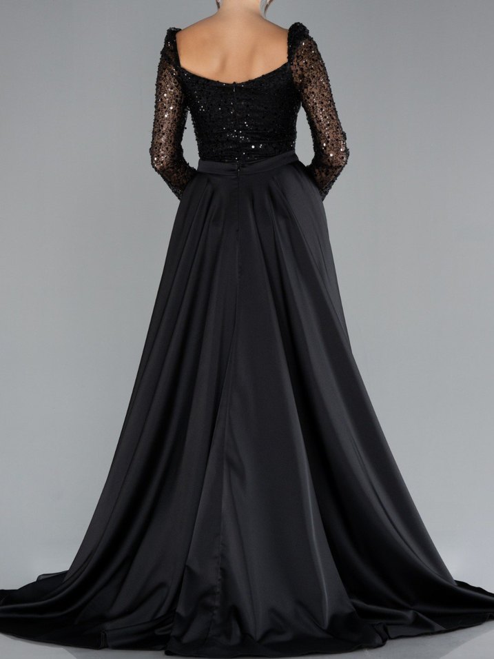 Uzun Kollu Siyah Payetli Gece Elbisesi 1 kez giyildi - Görsel 3